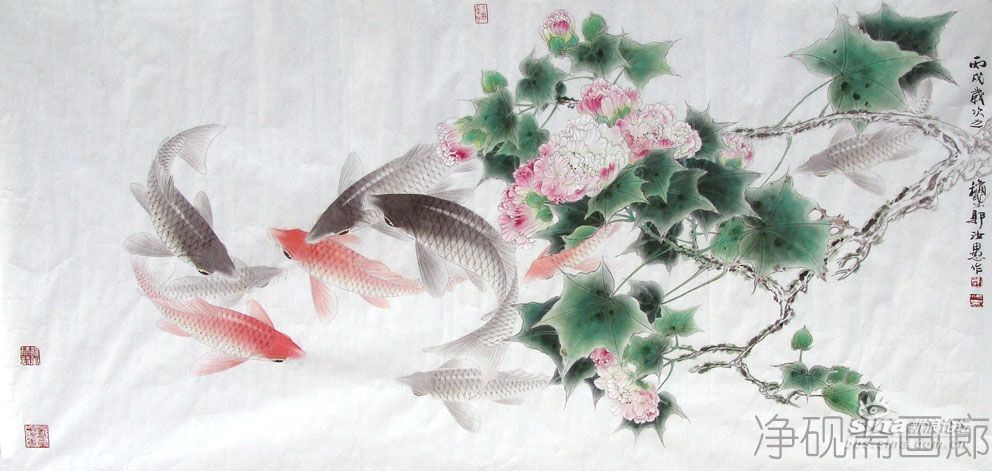 郭汝愚-国画工笔画-芙蓉鲤鱼